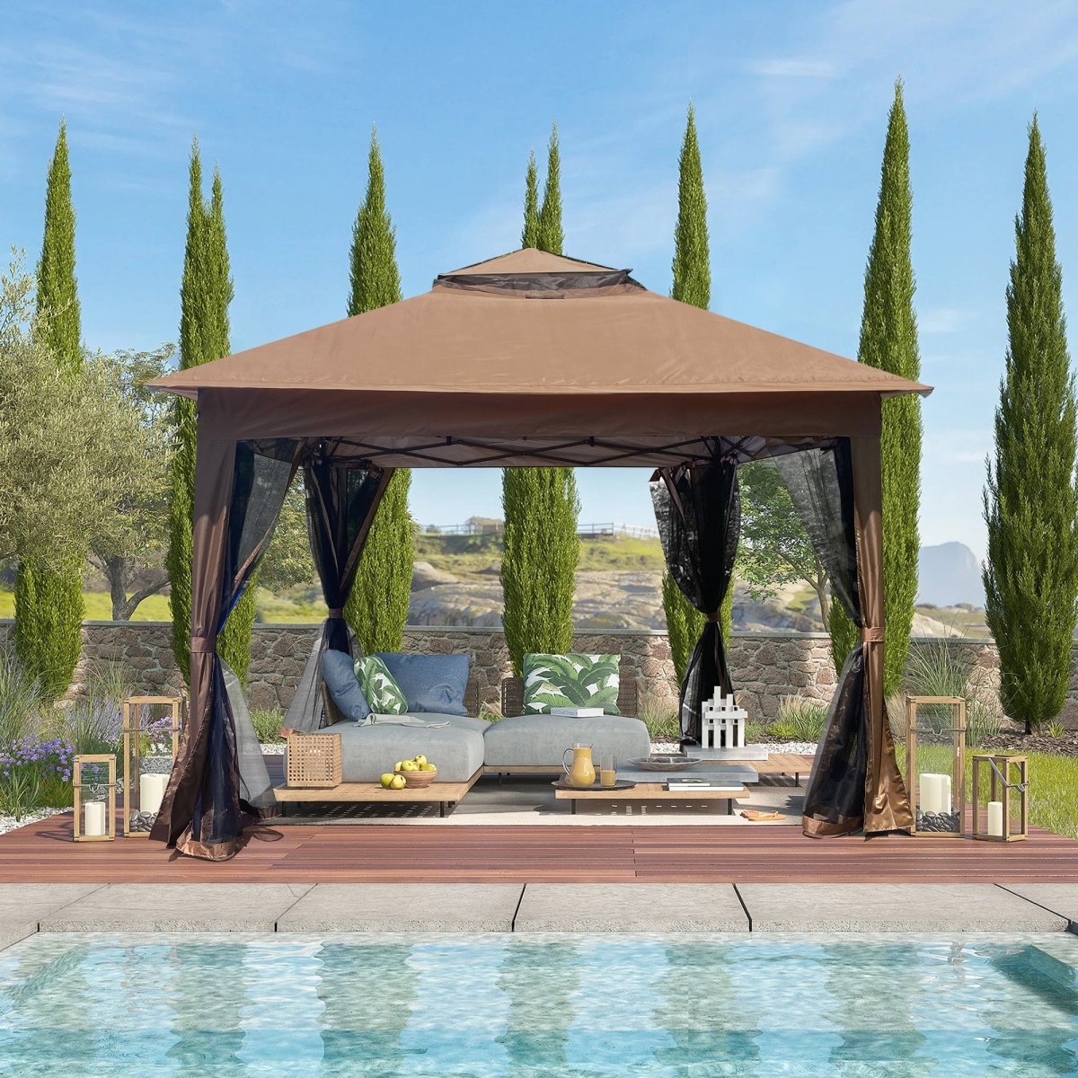 Outdoor 11x 11Ft Pop Up Gazebo Canopy With Removable Zipper Netting,2 - Tier Soft Top Event Tent,Suitable For Patio Backyard Garden Camping Area with 4 Sandbags,Brown - HomeDIYer