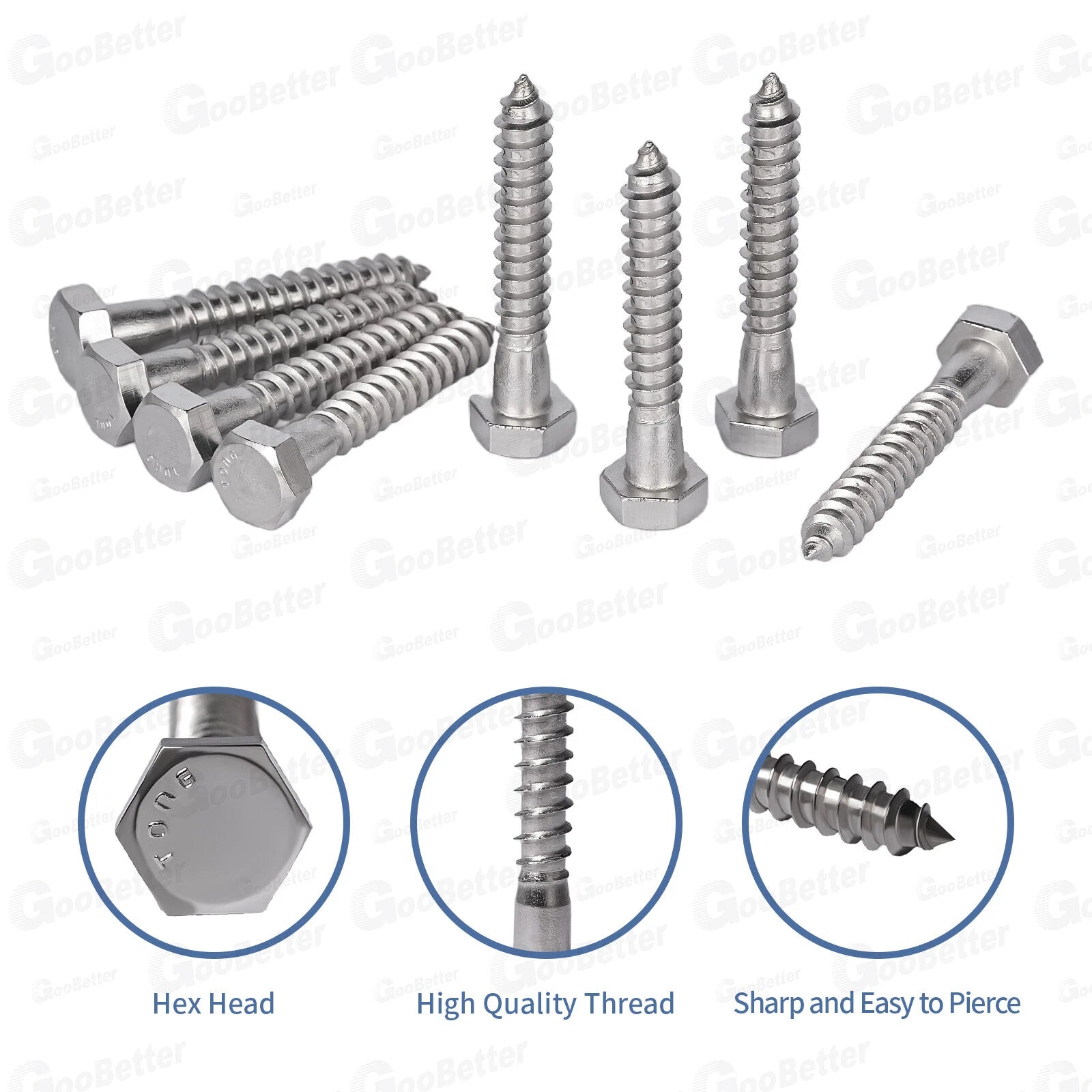 50PCS Hex Head 5/16"-18x2" Lag Bolts Stainless Steel Wood Screws Hex Head Screws