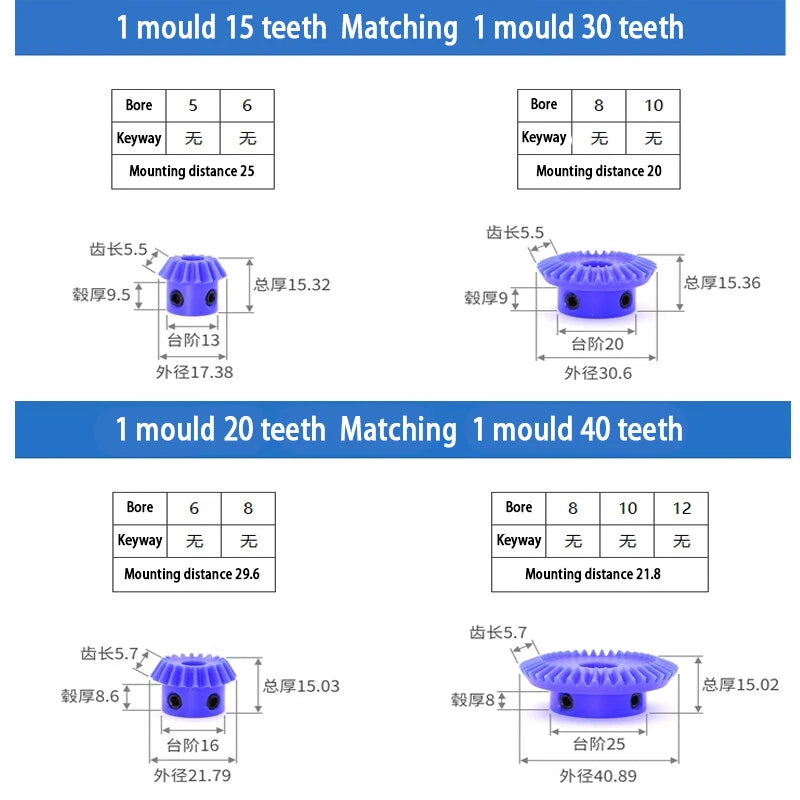1/1.5/2 Mod Bevel Gear 15T - 40T 90°1:2 Pairing Plastic Nylon Transmission Gear