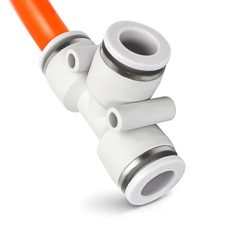 White Nylon Pneumatic Push-Fit Hose Connectors — X Shape, Y Shape, 5-Way & T Reducing