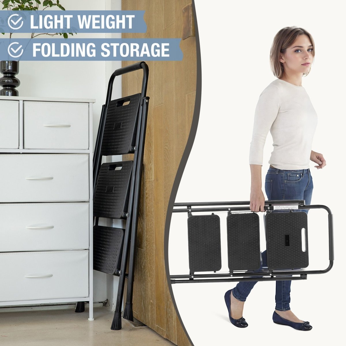 3 Non - slip step ladder, quick folding steel ladder Sturdy metal supported household tools for home/office work at altitude, portable step tools - HomeDIYer