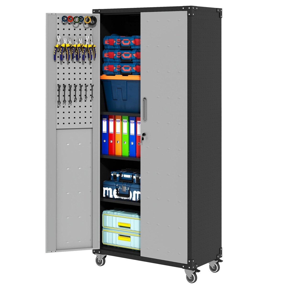 71" Metal Garage Storage Cabinet with Wheels - Heavy - Duty Tool Storage Cabinet for Home, Office, School, and Garage Organization, Black/Gray - HomeDIYer
