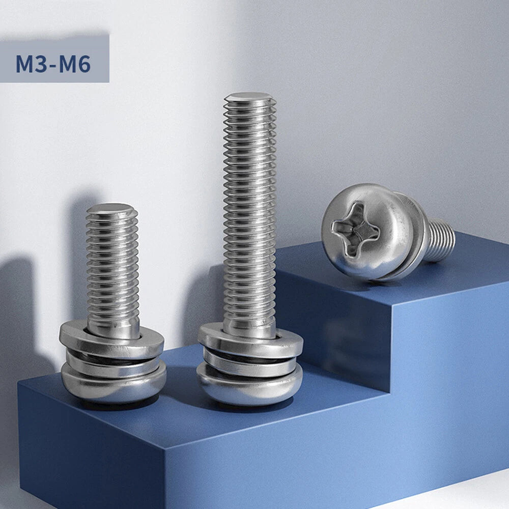 M3 M4 M5 Phillips Pan Head Screws with Spring & Flat Washer – 316 Stainless Steel Marine Grade (6–30mm)