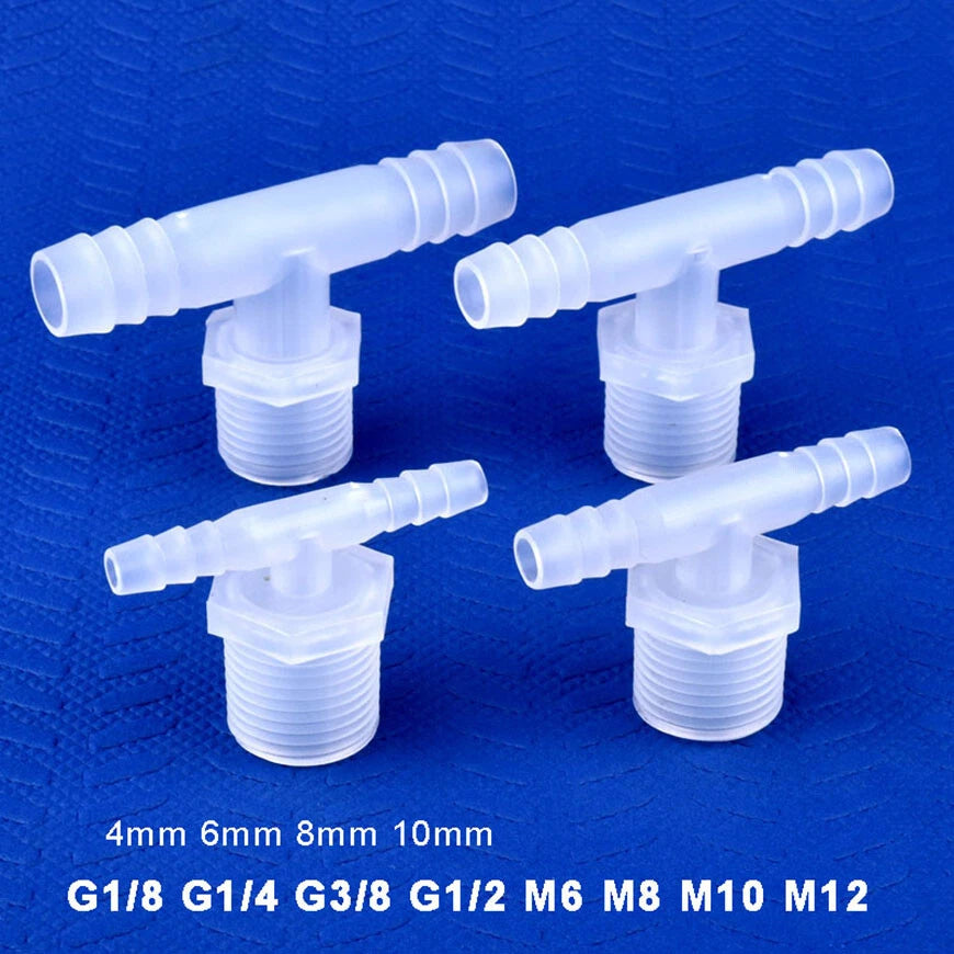 Plastic T Joiner Barbed X Male Thread Hose Connector Pipe Fittings Air Water