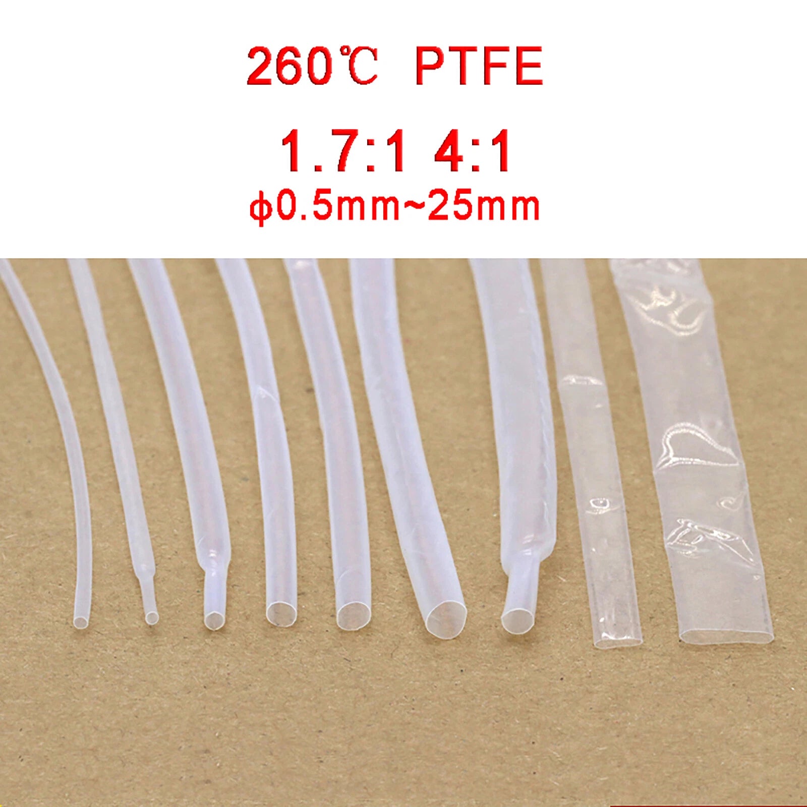 PTFE Heat Shrink Tubing — 1.7:1 & 4:1 Shrink Ratio, 300°C Rated, Oil Resistant