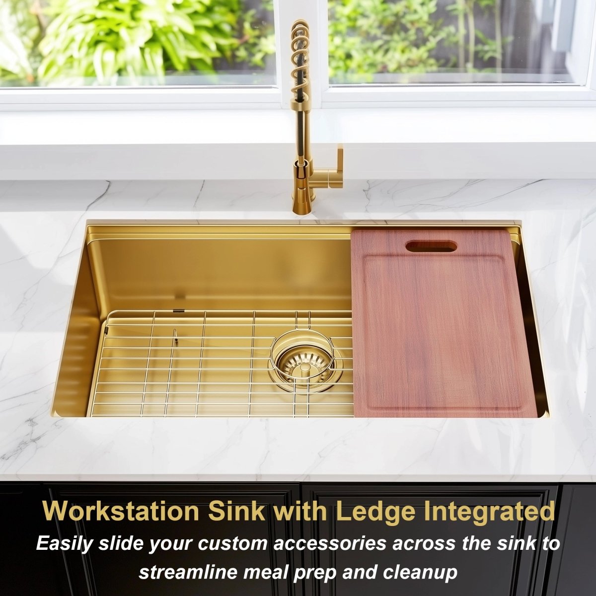 32 Gold Undermount Workstation Kitchen Sink - 32 x 19 Inch 16 Gauge Stainless Steel Undermount Kitchen Sink Handmade R10 Radius 10 Inch Deep Undermount Single Bowl Sink with Custom Accessories - HomeDIYer