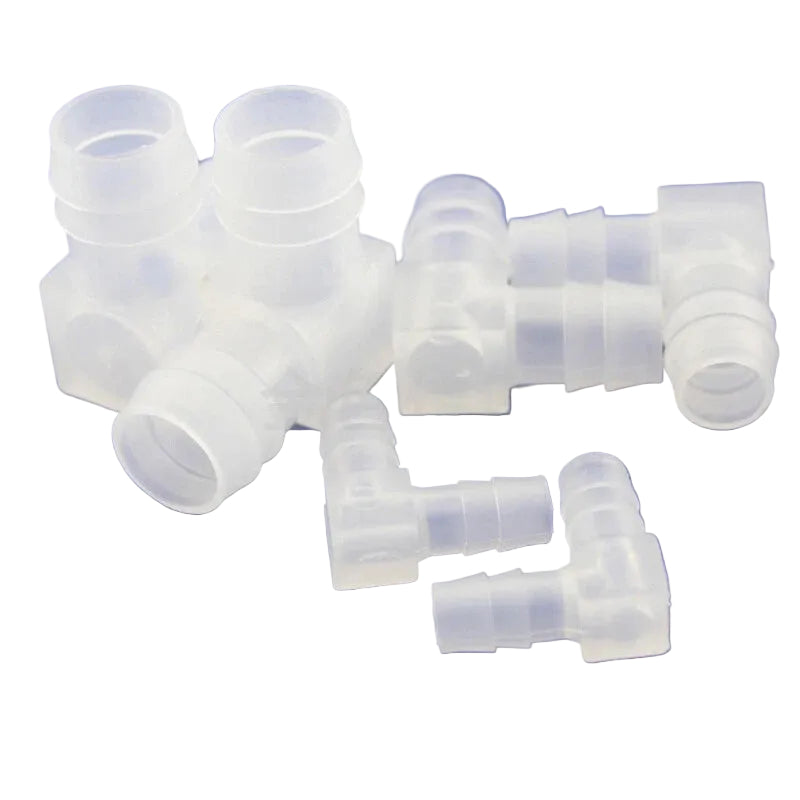 Plastic L-Shaped Elbow 2-Way Hose Connector for 385 Pump — Equal Dia O.D. 8 / 12 / 16mm