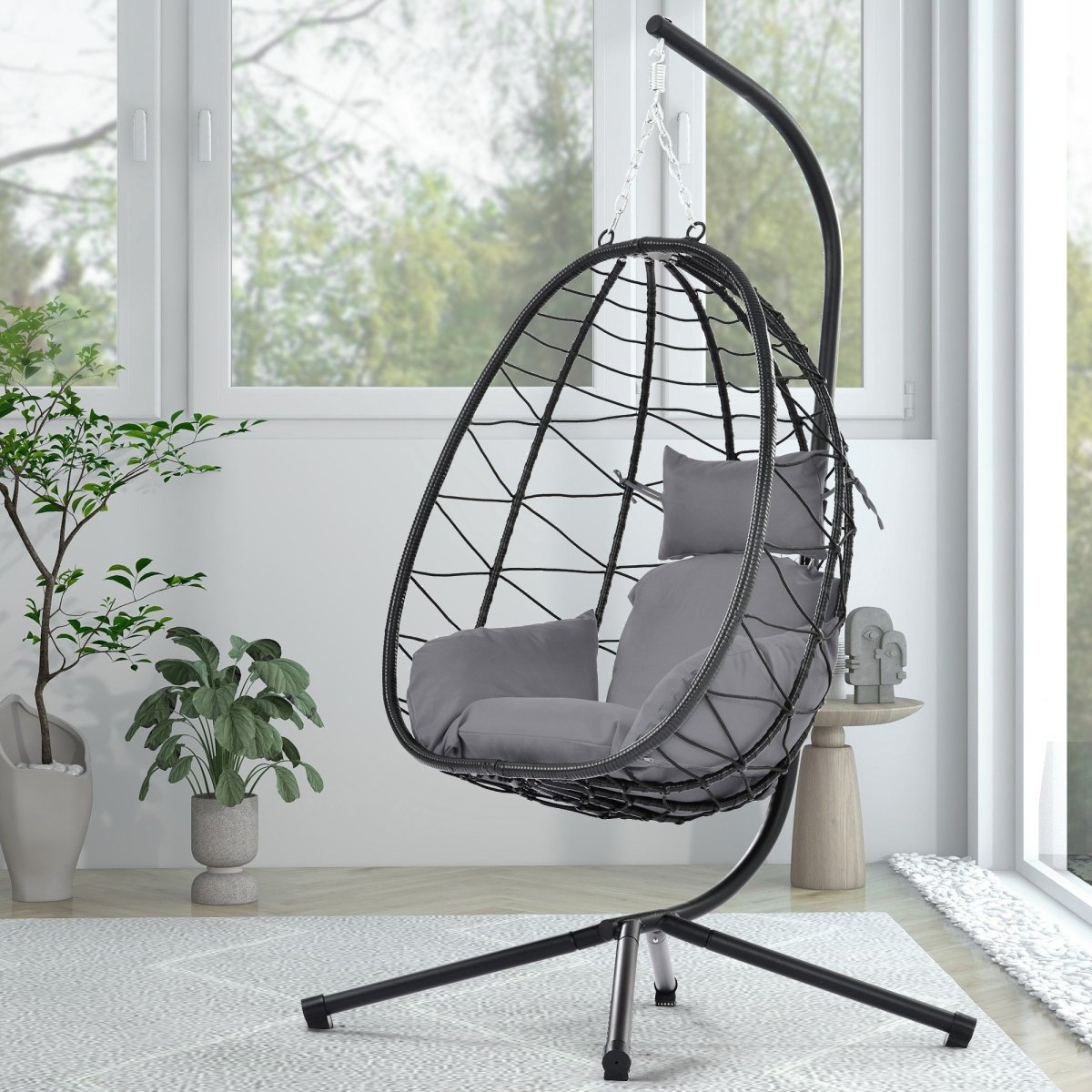 Egg Chair with Stand Indoor Outdoor Swing Chair Patio Wicker Hanging Egg Chair Hanging Basket Chair Hammock Chair with Stand for Bedroom Living Room Balcony Dark Gray - HomeDIYer
