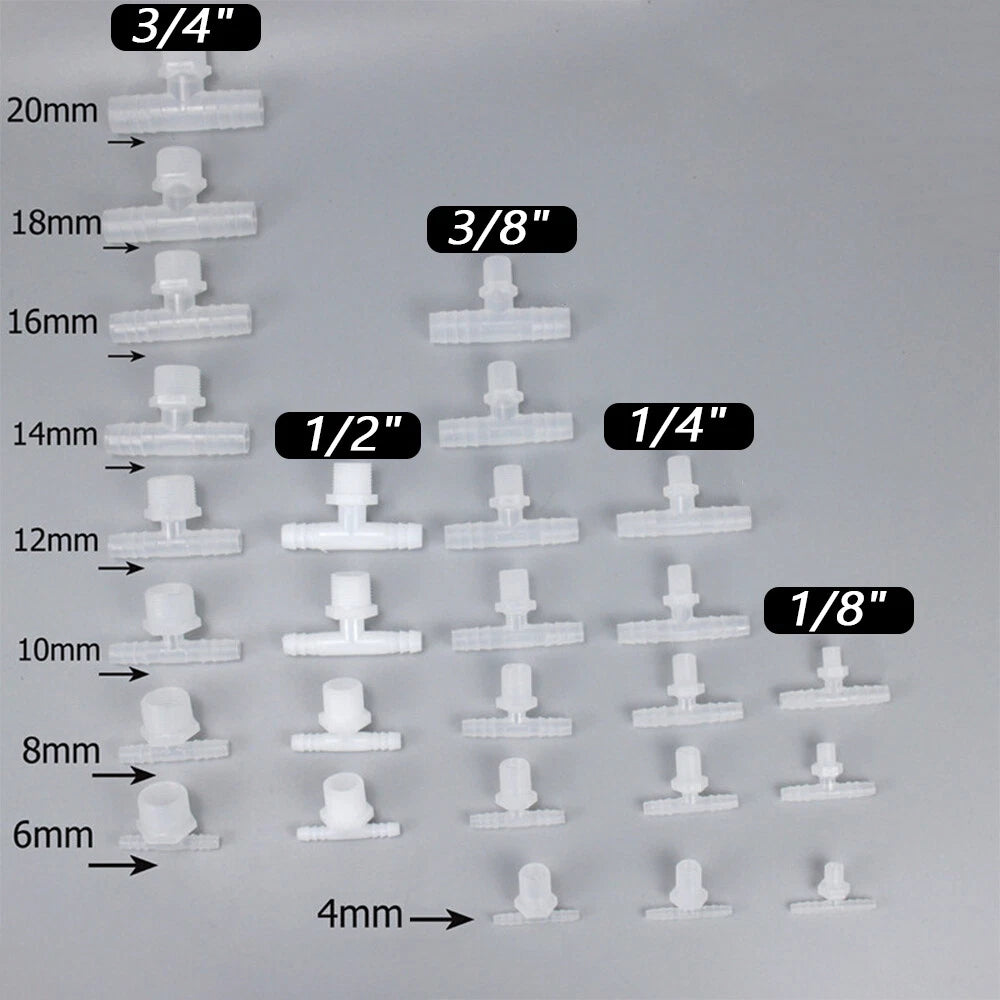 Plastic Barbed T-Piece Hose Connector with Male Thread — 4mm to 20mm Tube