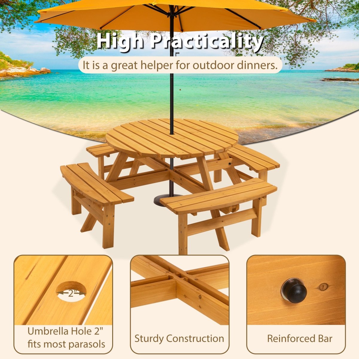 8 Person Wooden Picnic Table, Outdoor Camping Dining Table with Seat, Garden, DIY w/ 4 Built - in Benches, 2220lb Capacity - Natural - HomeDIYer