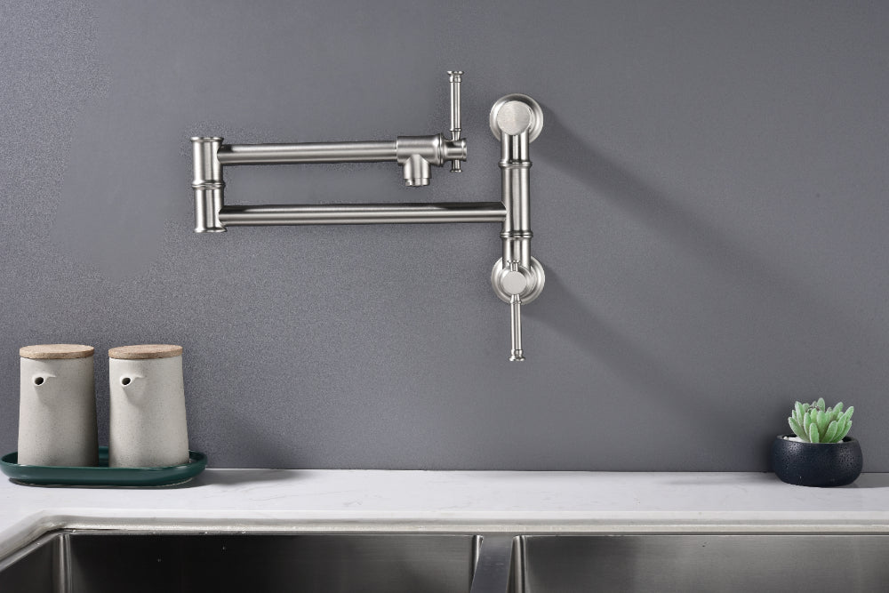 Wall Mounted Pot Filler Faucet – Brushed Nickel, Two-Attachment Folding Swing Arm, Dual Handle, Solid Brass