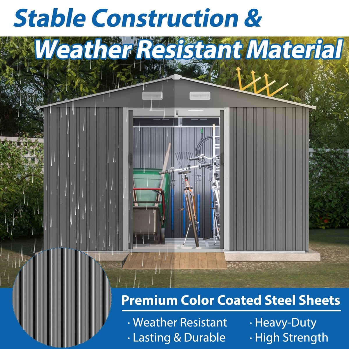 10X8 FT Outdoor Tool Storage Shed with Metal Foundation & Lockable Doors, All Weather Metal Sheds for Garden, Patio, Backyard, Lawn, Gray - HomeDIYer
