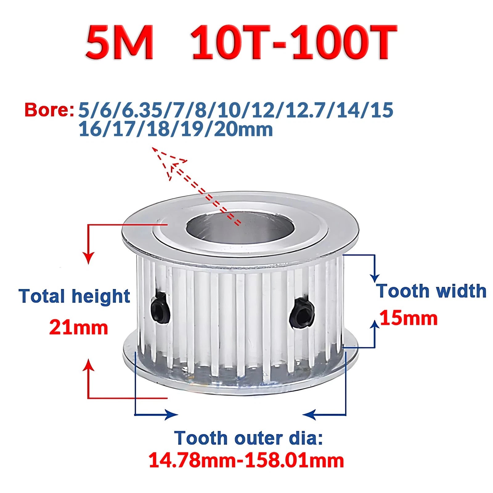 CNC 3D Printer 5M Timing Belt Pulley Gear Bore 5mm-25mm 10T-100T 15mm Belt Wide