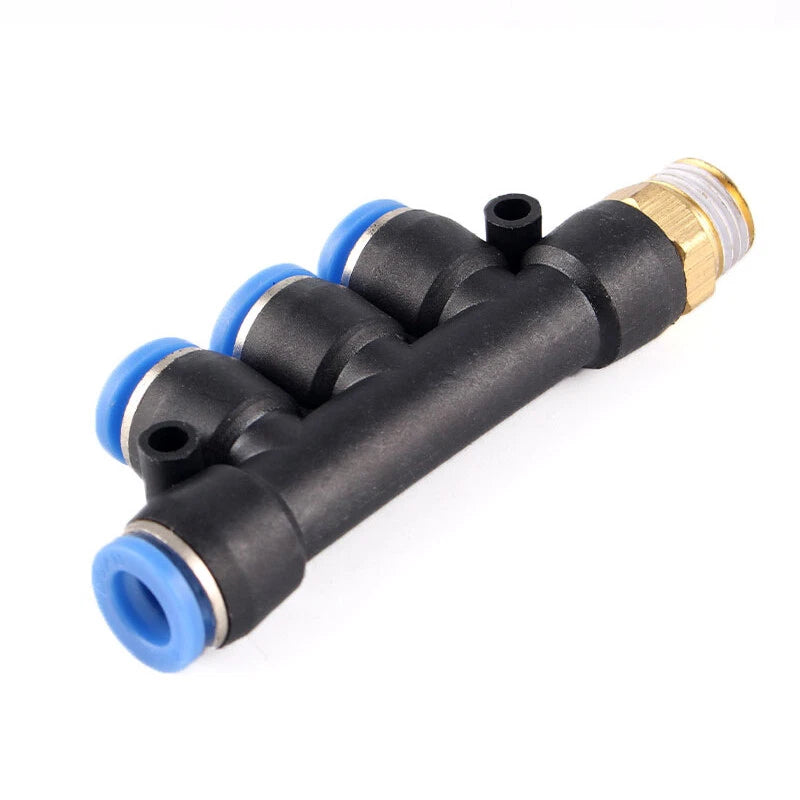 Pneumatic Push-In Hose Fittings — 5-Way Connectors, 4mm–10mm Hose to 1/8" 1/4" 3/8" Thread