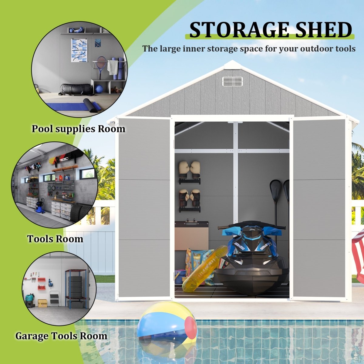 8x8 ft Resin Storage Shed, High Quality Pp Material, Strong Structure, Waterproof, Rust And Uv Proof, Large Storage Space, 12mm Thick Pp Board, Hd Window Lighting - HomeDIYer