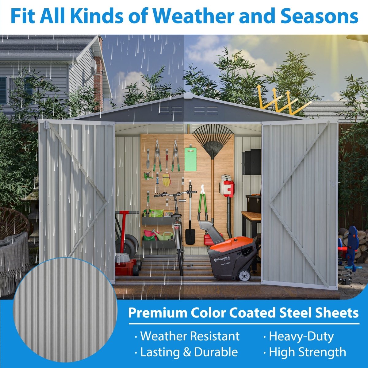 8 x 6 FT Outdoor Waterproof Garden Tool Storage Sheds with Metal Foundation with Floor Frame, Tool Shed with Lockable Hinged Doors & Air Vents, Storage House Waterproof for Backyard, Lawn, Gray - HomeDIYer