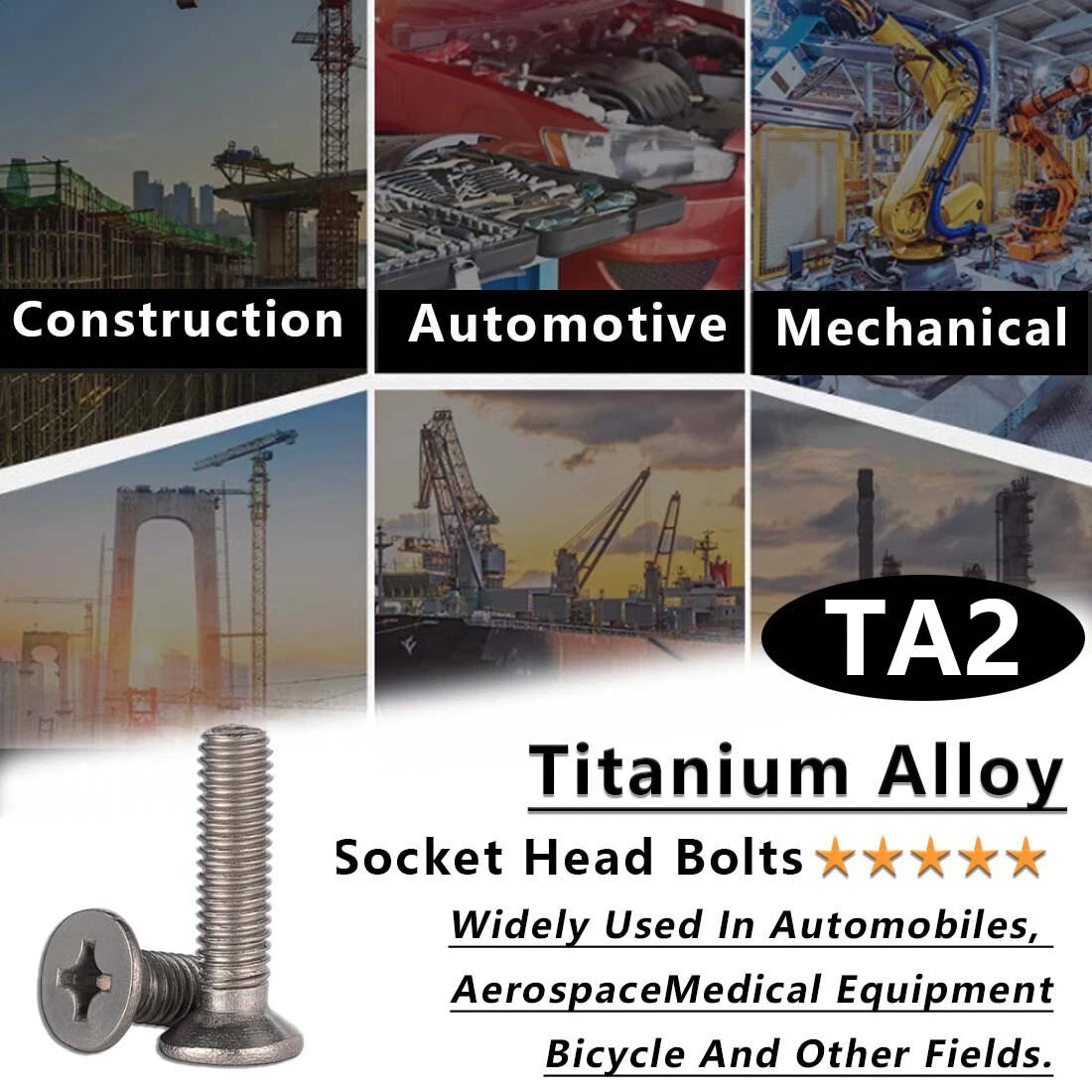 M1.6–M6 Titanium Phillips Countersunk Flat Head Screws – TA2 / Grade 2, Fully Threaded (4–50mm)