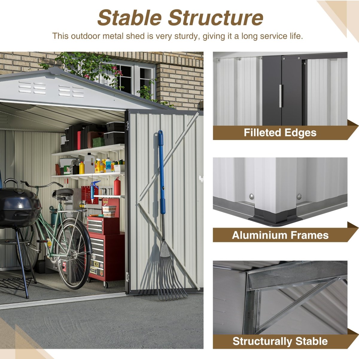 8 x 6 ft Outdoor Storage Shed, All Weather Metal Sheds with 2 Lockable Doors, Tool Shed for Garden, Backyard, Lawn,White - HomeDIYer