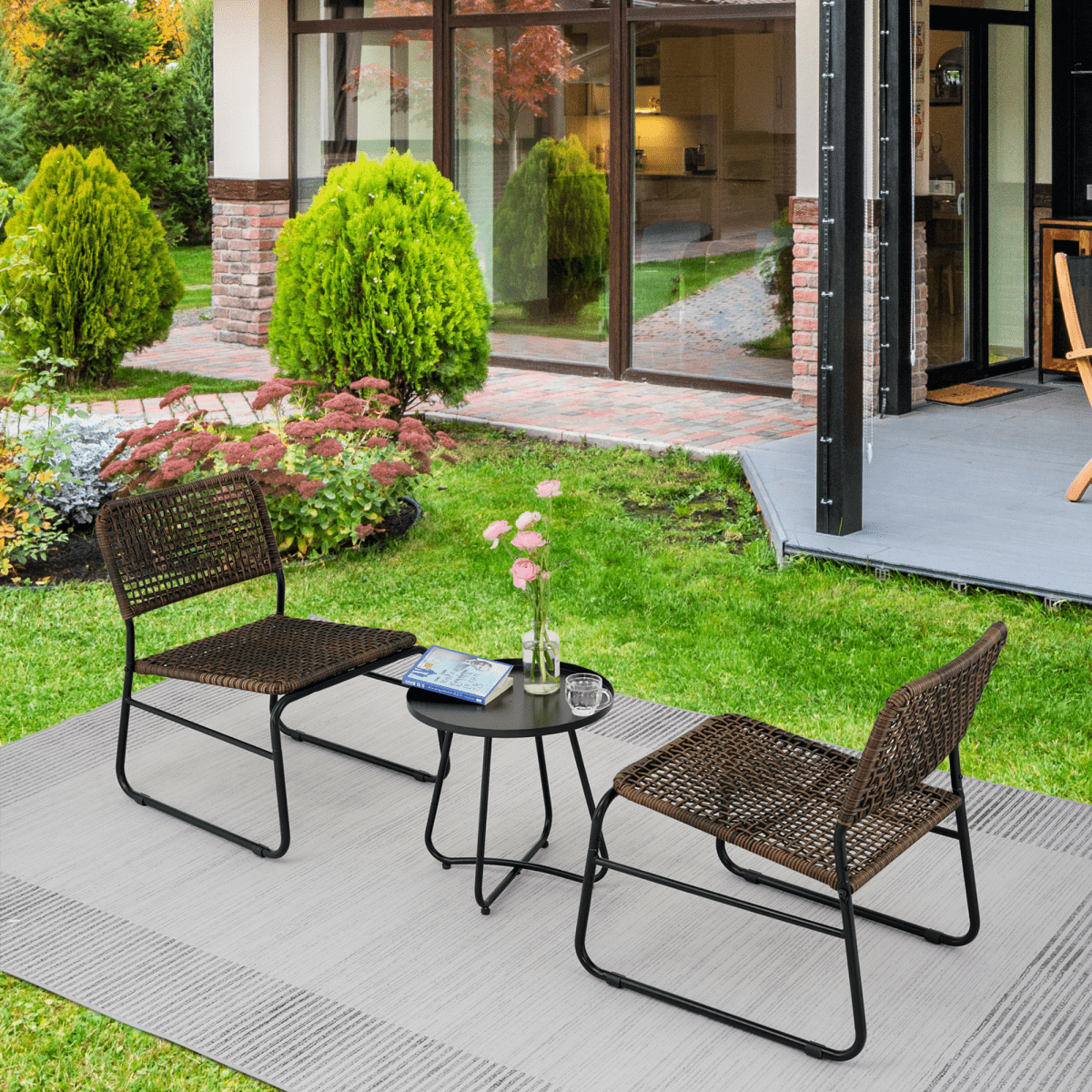 Patio Furniture Set 3 Piece Mixture Pattern PE Rattan Steel Frame And Modern Round Table, Brown and Black - HomeDIYer