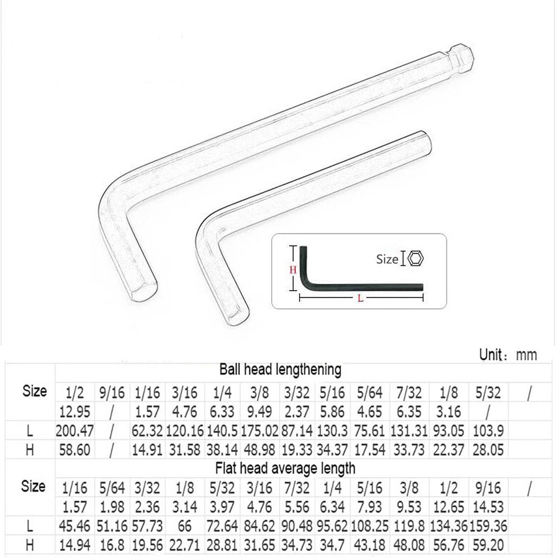 L-shaped Allen Key Ball Head/Flat Head Hex Wrench Tools Nickel-plated 1/16-1/2