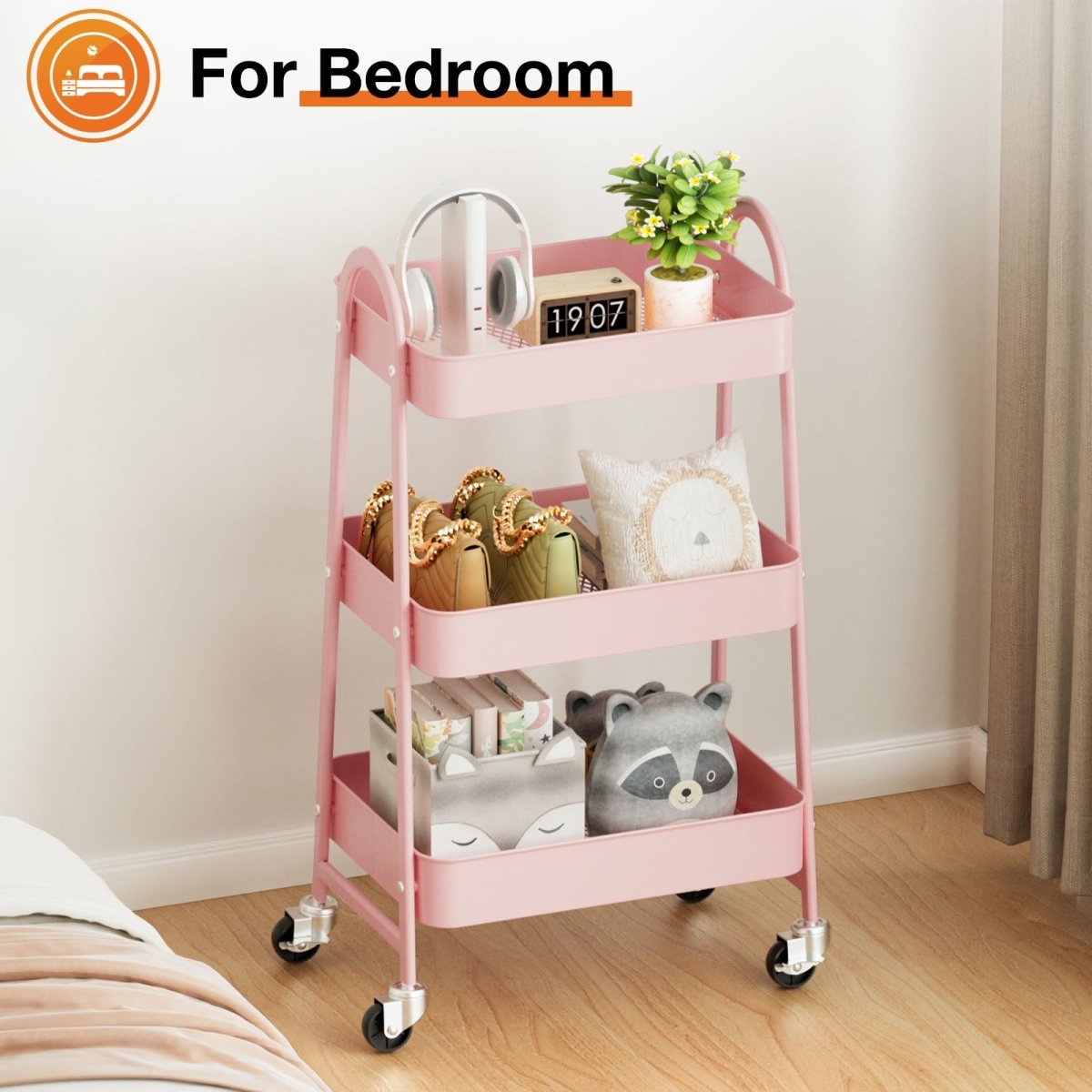 Pink 3 Tier Small Rolling Cart, Metal Utility Storage Organizer Kitchen Trolley Bathroom Laundry Room Bar Office Shelves - HomeDIYer