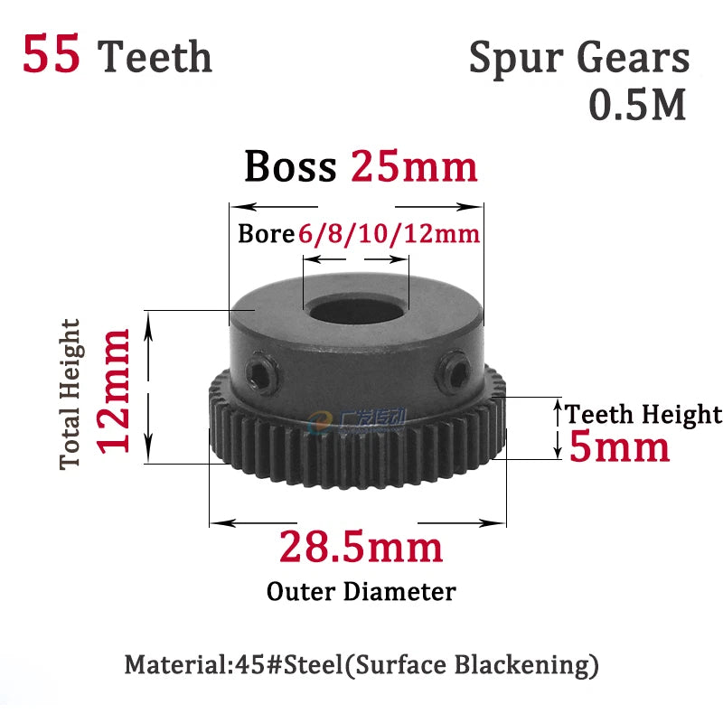 0.5M Spur Gears Steel Pinion Gears 50-58T Metal Spur Transmission Gear 45 Steel