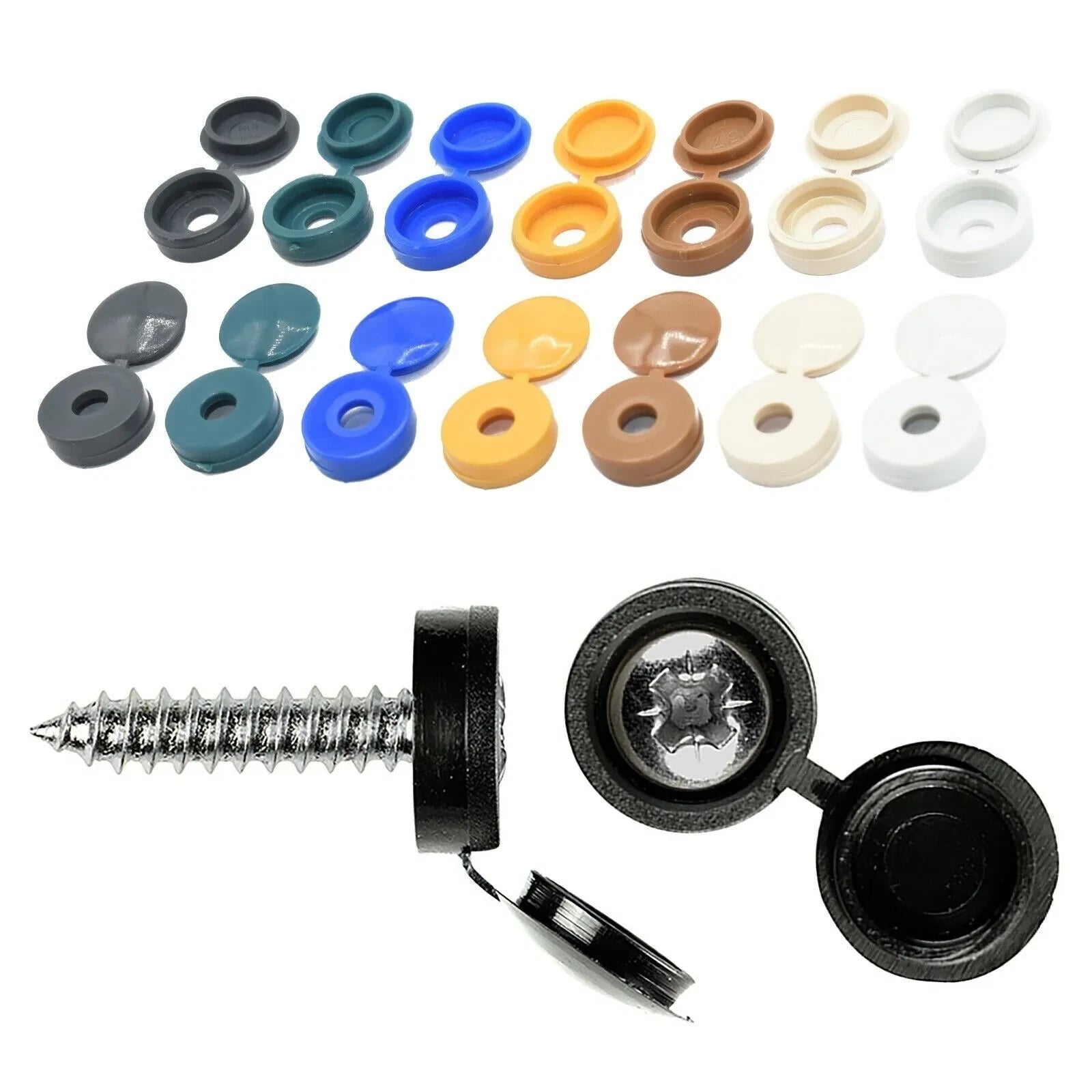 Plastic Fold Over Hinged Screw Cover Caps – for M4/M5 Screws (M4x16 to M4x50) – Multiple Colors (Black, White, Gray, Green, Yellow, Beige)