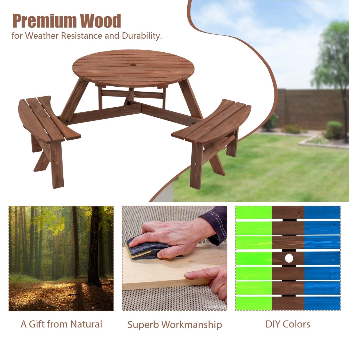 6 - Person Circular Outdoor Wooden Picnic Table for Patio, Backyard, Garden, DIY w/ 3 Built - in Benches, 1720lb Capacity - Brown - HomeDIYer