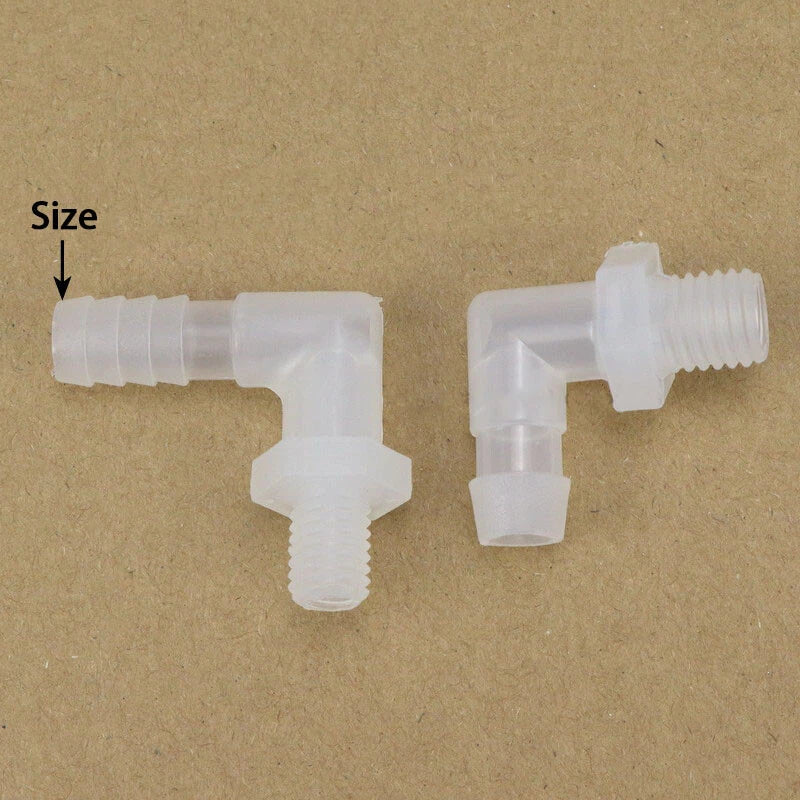 90° Elbow Hose Barb Fitting with External Thread — Plastic Tube Connector M5 to M12
