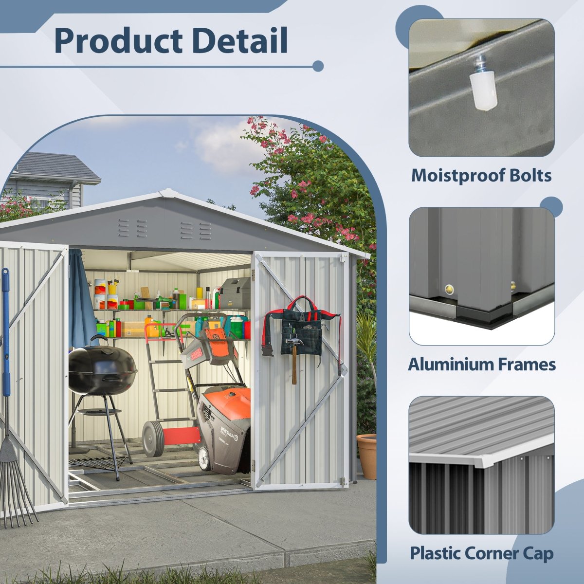 10X8 FT Outdoor Tool Storage Shed with Metal Foundation & Lockable Doors, All Weather Metal Sheds for Garden, Patio, Backyard, Lawn, Gray - HomeDIYer
