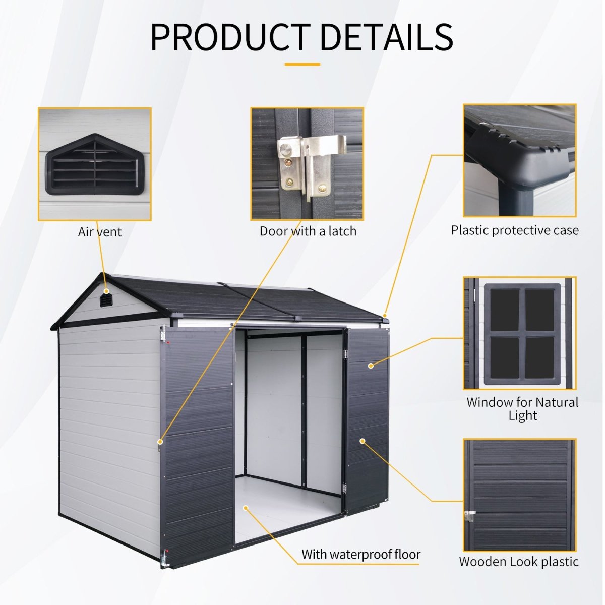 8 x 6 ft Resin Outdoor Storage Shed Waterproof Shed with Floor & Two Windows & Lockable Door, Tool Shed for Garden, Patio, Backyard,Grey White - HomeDIYer