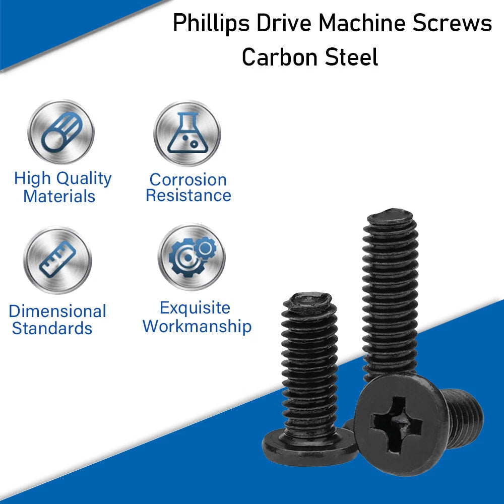 M2 M2.5 M3 M4 Black Zinc Phillips Flat Head Screws – Laptop & Notebook Machine Bolts (3–16mm)