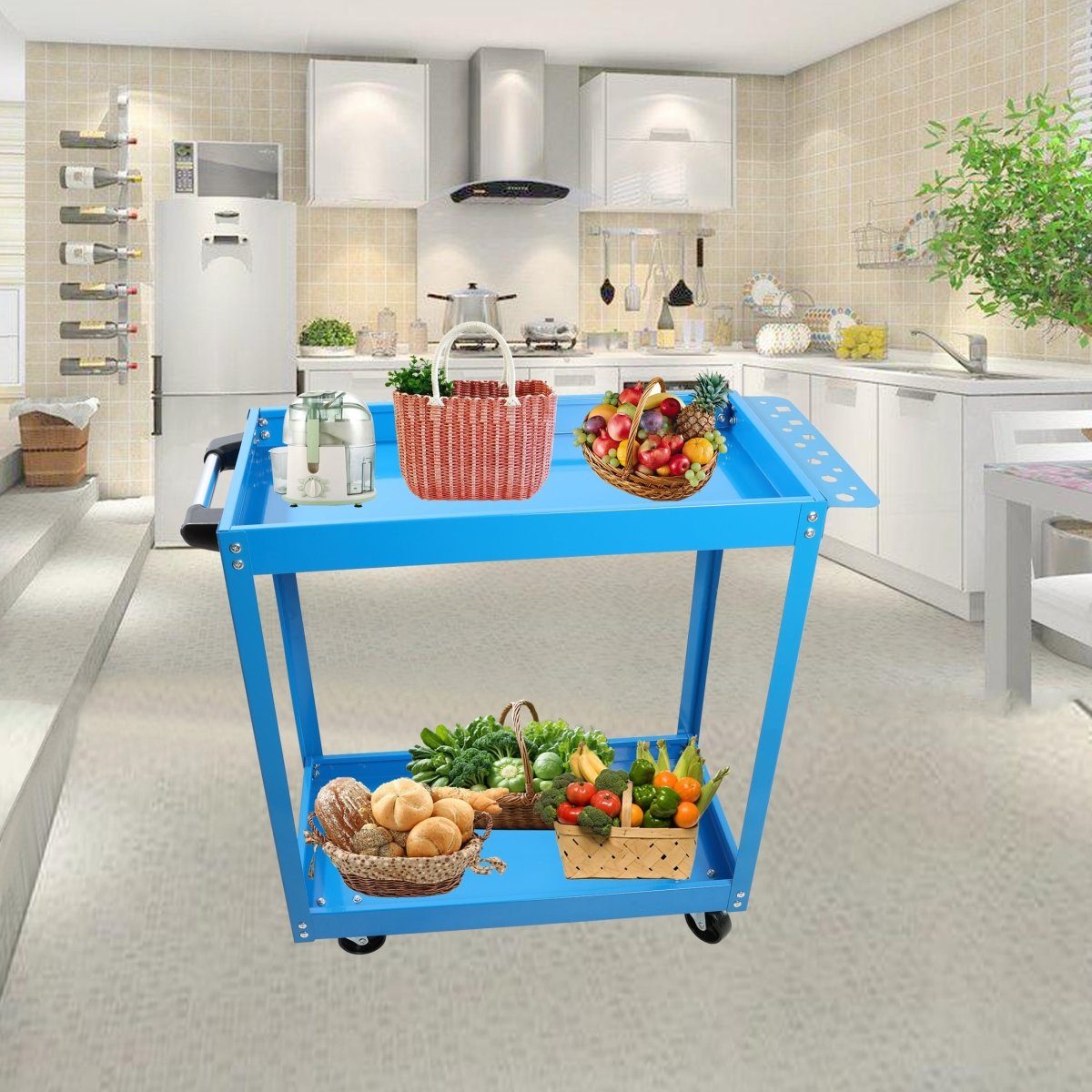 Tool Cart on Wheels, Heavy Duty Steel Utility Cart w/Lockable Wheels, 400 LBS Capacity Industrial Service Cart for Garage, Warehouse, Workshop (Two - layer Bright Blue) - HomeDIYer