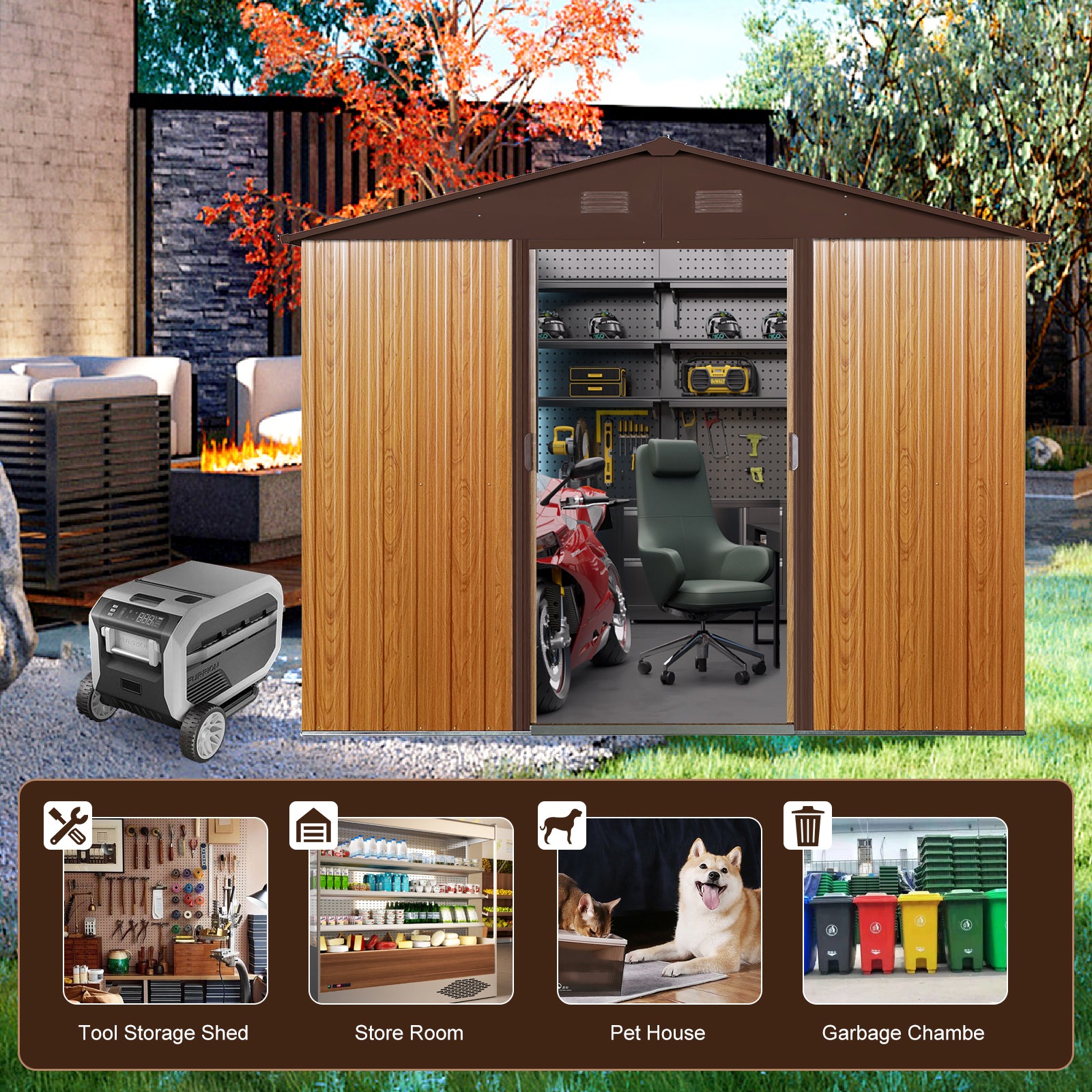 8ft x 6ft Outdoor Metal Storage Shed with Metal foundation,Coffee