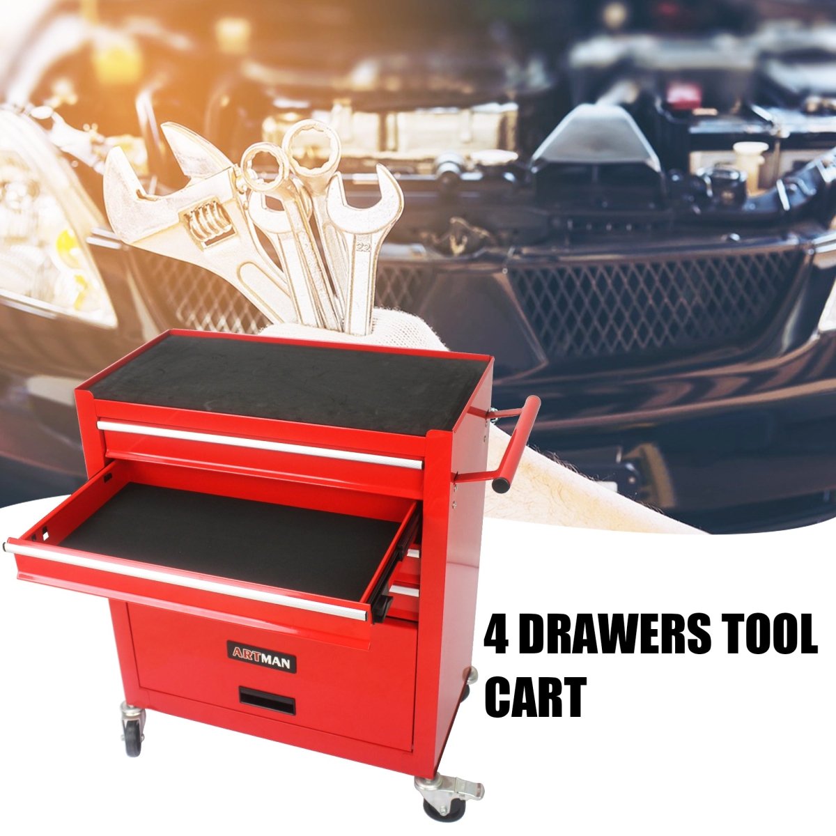 4 Drawers Multifunctional Red Tool Cart With Wheels - HomeDIYer