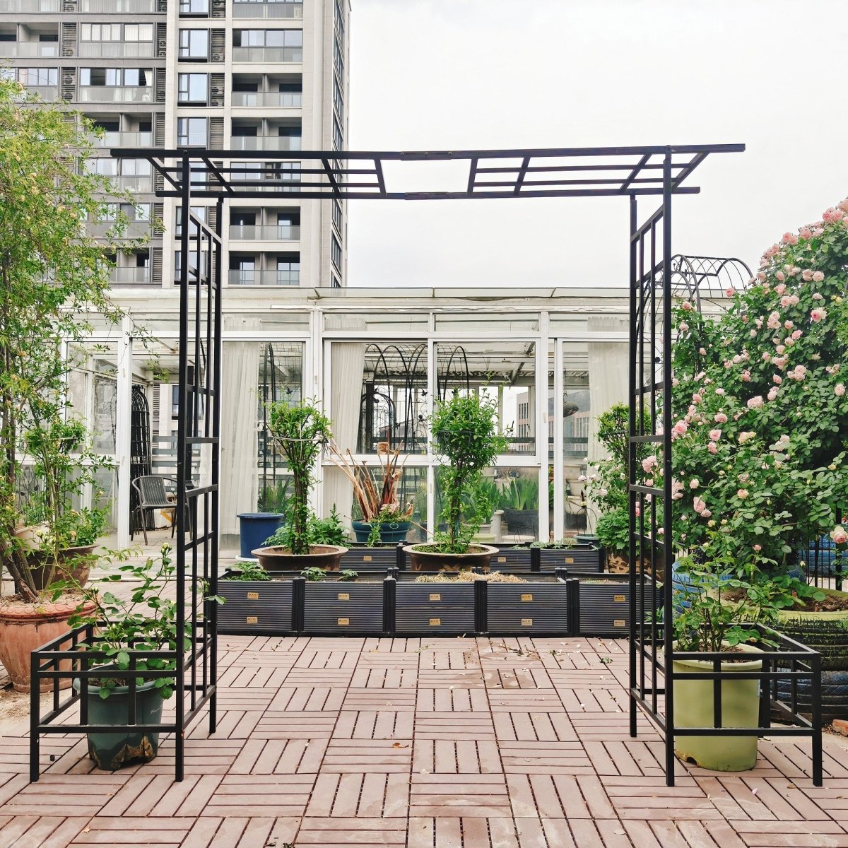 Metal Garden Arch with Adjustable Width W68.11''~W94.29'' Climbing Plants Support Rose Arch Outdoor Black - HomeDIYer