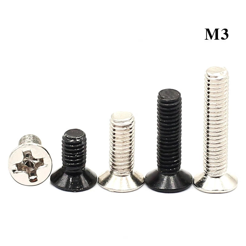 M1–M4 Mini Countersunk Phillips Machine Screws – Carbon Steel, Nickel/Black Zinc, 4–12mm for Smartwatches & Electronics