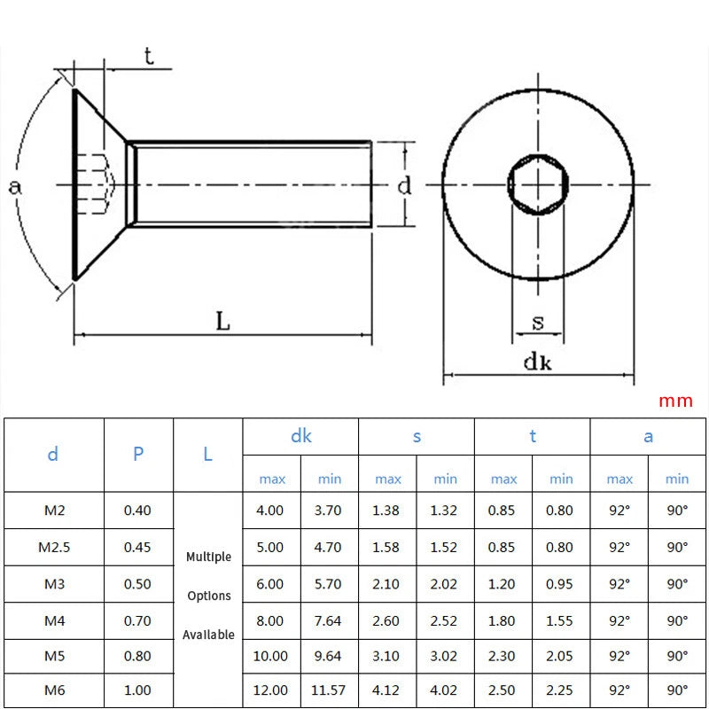 M1.6 M2–M6 Countersunk Hex Socket Machine Screws – A2 Stainless Steel, Fully Threaded (3–40mm Overall Length)M1.6 M2–M6 Countersunk Hex Socket Machine Screws – A2 Stainless Steel, Fully Threaded (3–40mm Overall Length)