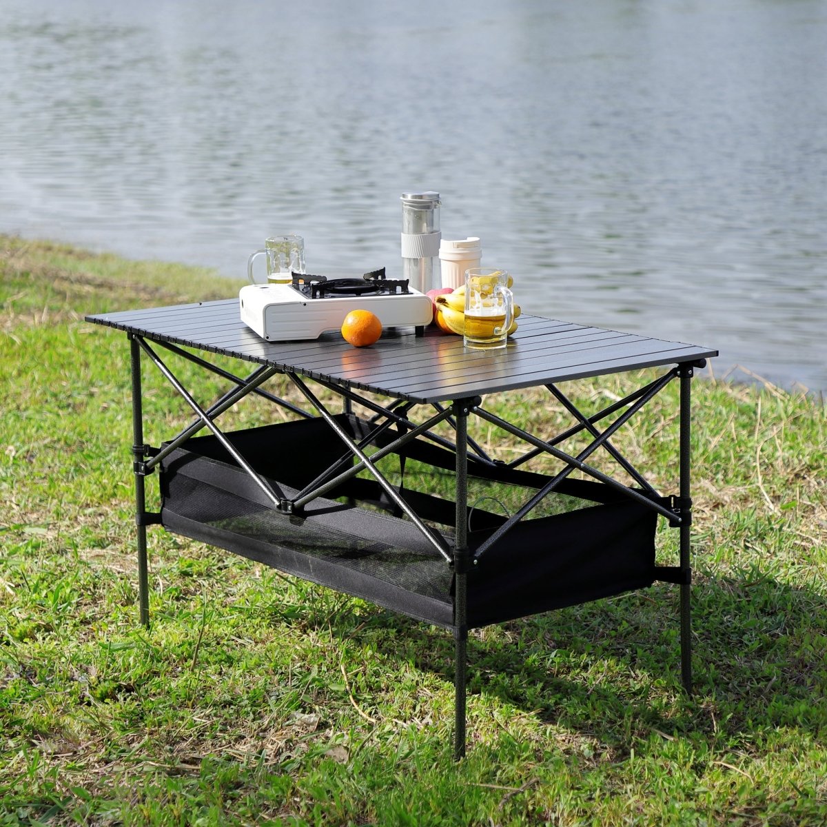 1 - piece Folding Outdoor Table with Carrying Bag,Lightweight Aluminum Roll - up Rectangular Table for indoor, Outdoor Camping, Picnics,Beach,Backyard, BBQ, Party, Patio, 46.46X27.56X27.56in ,Black - HomeDIYer