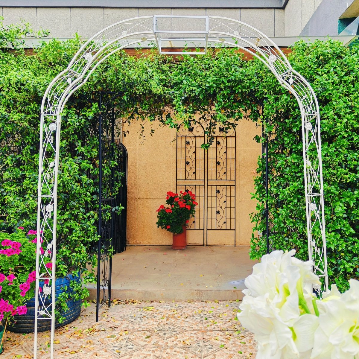 Metal Garden Arch W74.4'' x H98.4'' Garden Arbor Trellis Climbing Plants Support Rose Arch Outdoor Arch Cream White - HomeDIYer