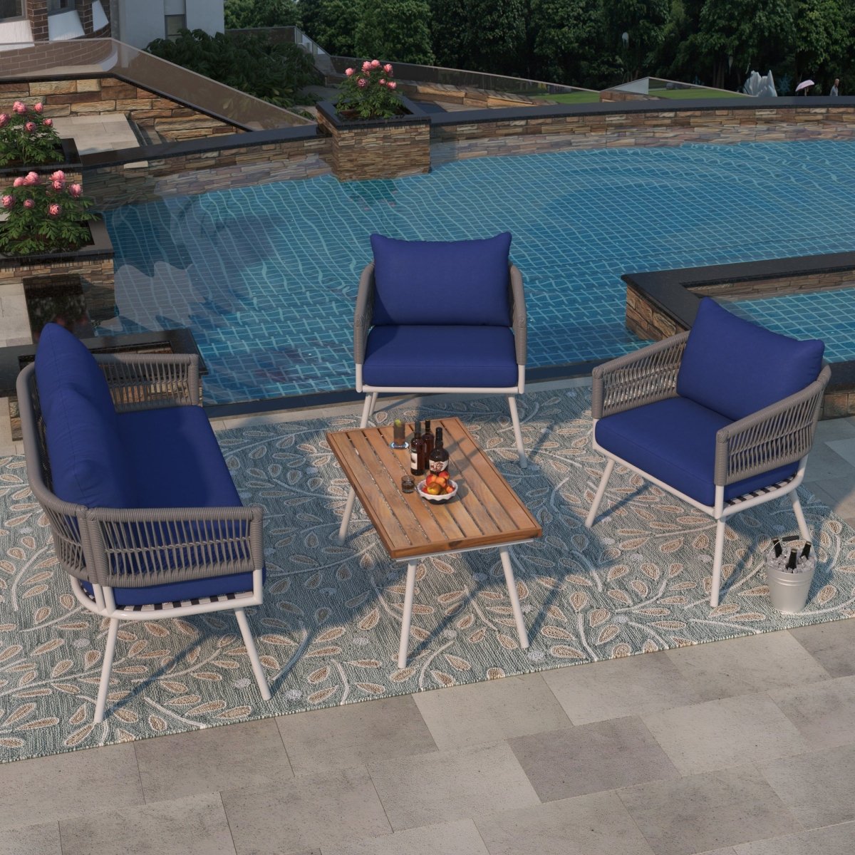 4 - Piece Boho Rope Patio Furniture Set, Outdoor Furniture with Acacia Wood Table, Patio Conversation Set with Deep Seating & Thick Cushion for Backyard Porch Balcony, Navy Blue - HomeDIYer