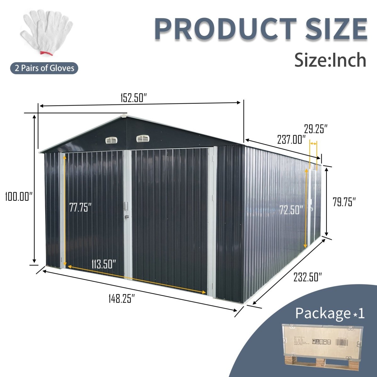 20x13 FT Outdoor Storage Shed Metal Garage Shed for Car, Bike, Lawnmower - Backyard Tool House Building 2 Doors and 4 Vents, BLACK - HomeDIYer
