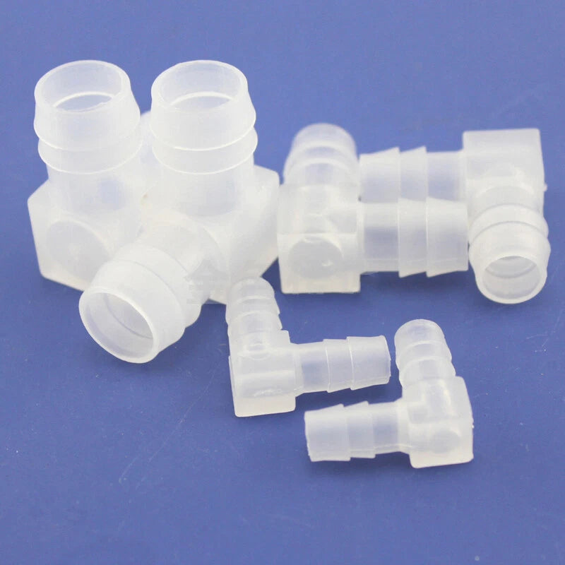 Plastic L-Shaped Elbow 2-Way Hose Connector for 385 Pump — Equal Dia O.D. 8 / 12 / 16mm