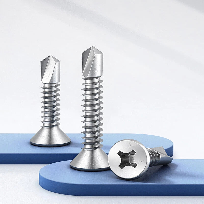 #6 #7 #8 #10 #12 #14 Flat Head Self Drilling Screws – 304/410 Stainless & Zinc Plated Steel