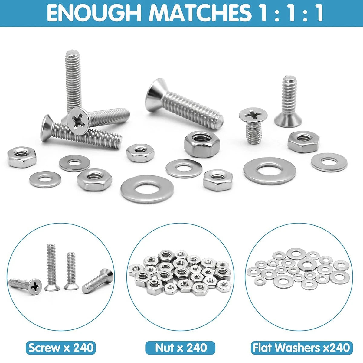 720Pcs Stainless Steel Phillips Flat Head Machine Screws Nuts Washers Assortment Kit – #6-32 #8-32 #10-24 1/4-20 SAE