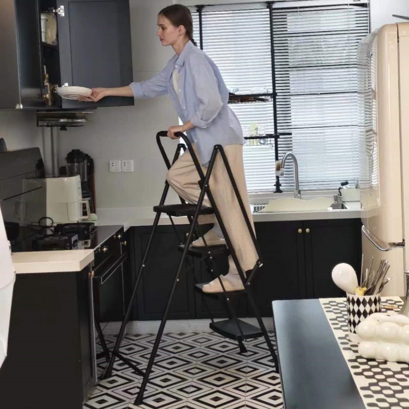 Four step ladder, lightweight folding four step stool, wide anti slip pedal and safety handle, sturdy steel ladder, multi - purpose step ladder, suitable for home, kitchen, and office elevators - HomeDIYer