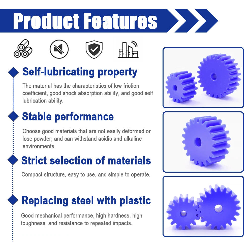 1.5 Modulus Blue Nylon Spur Gear, Flat Gears 12 to 100 Teeth, 6mm/8mm/10mm Bore