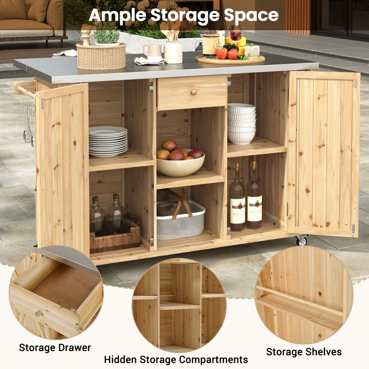 Natural Wood Outdoor Kitchen Island with Stainless Steel Top | Foldable Prep Station - HomeDIYer