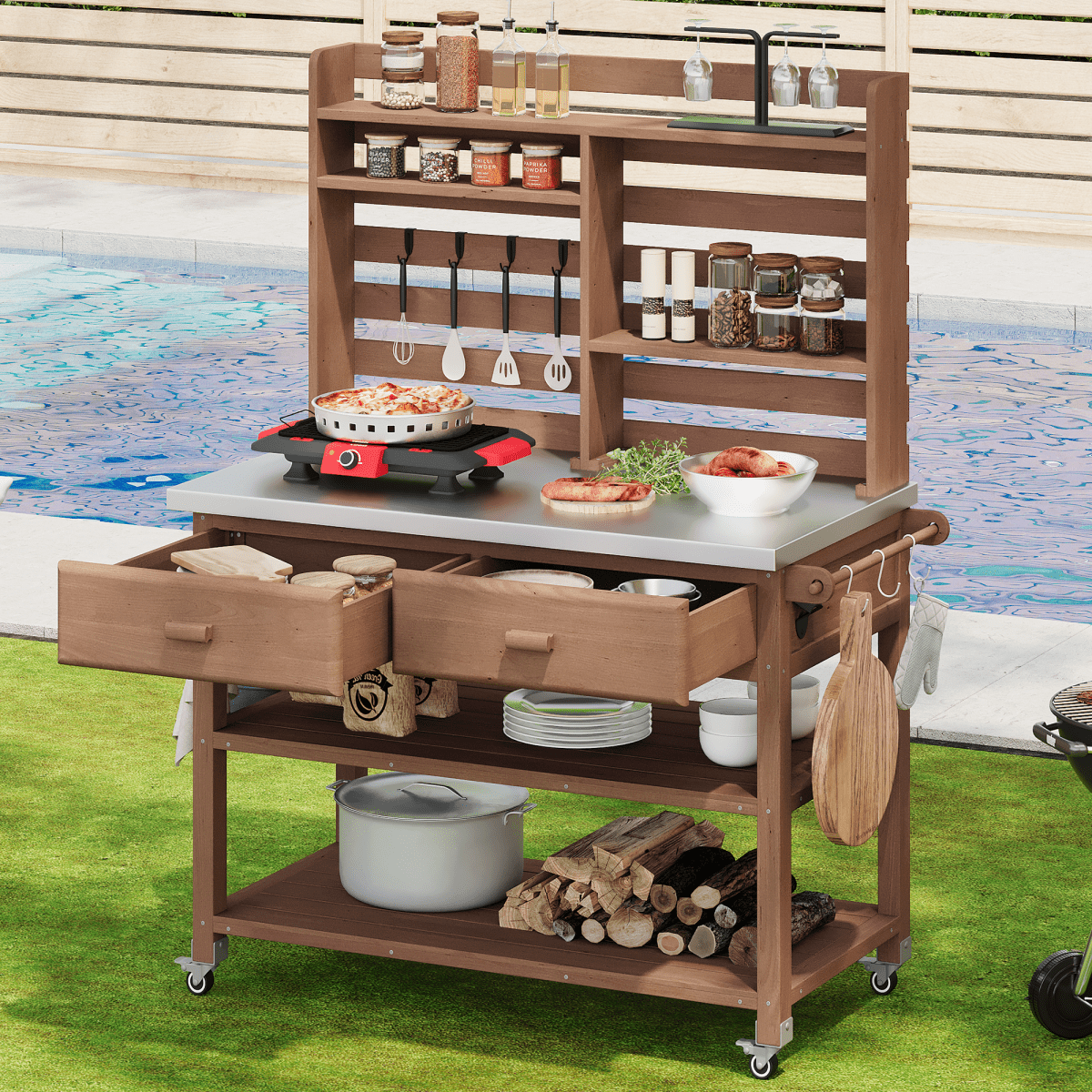 64.9"H Outdoor Potting Bench Table with Lockable Wheels, Solid Wood Outdoor Kitchen Island with Upper Hutch, Stainless Steel Top, Towel Rack ,Outdoor Storage for Grilling, Lawn Garden - Brown - HomeDIYer