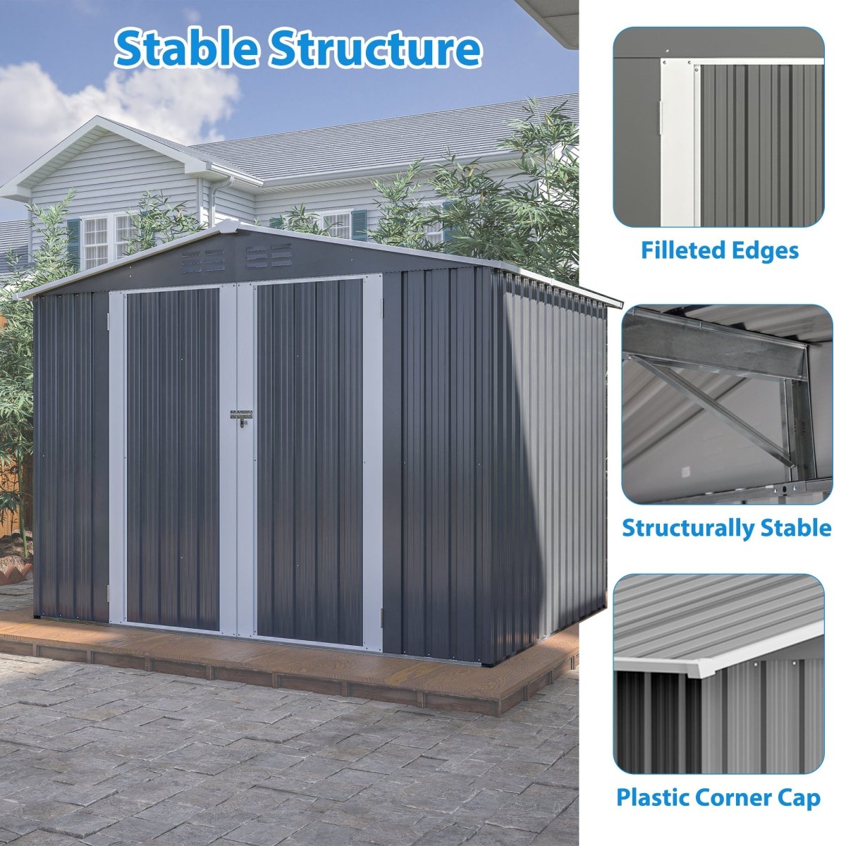 8 x 6 FT Outdoor Waterproof Garden Tool Storage Sheds with Metal Foundation with Floor Frame, Tool Shed with Lockable Hinged Doors & Air Vents, Storage House Waterproof for Backyard, Lawn, Gray - HomeDIYer